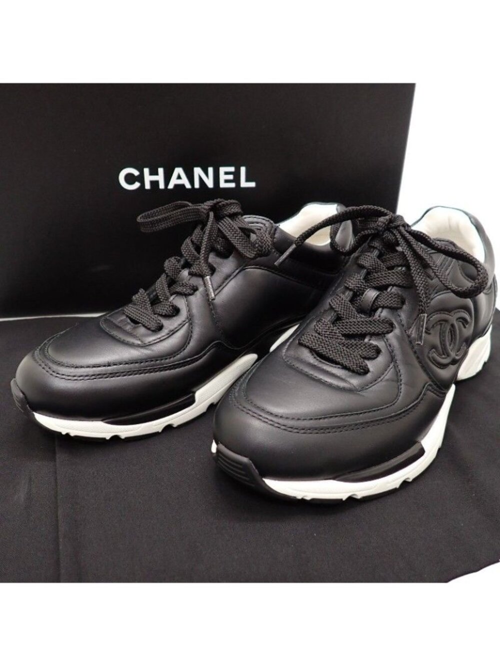 Chanel CC Leather Sneakers CC Logo with Boxes..0 Shoes Calfskin Suede Black 36